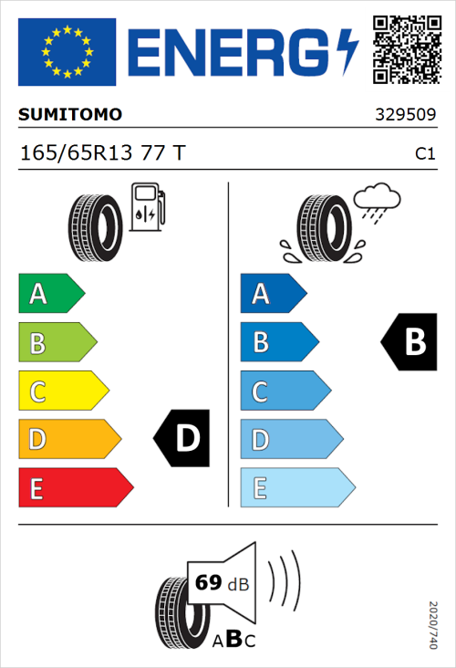 Tyre Label for Sumitomo BC100 165/65R13 77T