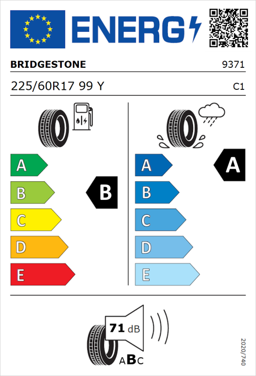 Tyre Label for Bridgestone Turanza T005 225/60R17 99Y