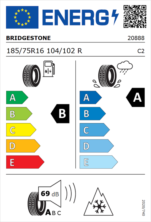 Tyre Label for Bridgestone Duravis Van 185/75R16 104/102R