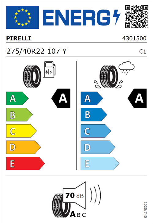 Tyre Label for Pirelli P ZERO E 275/40R22 107Y