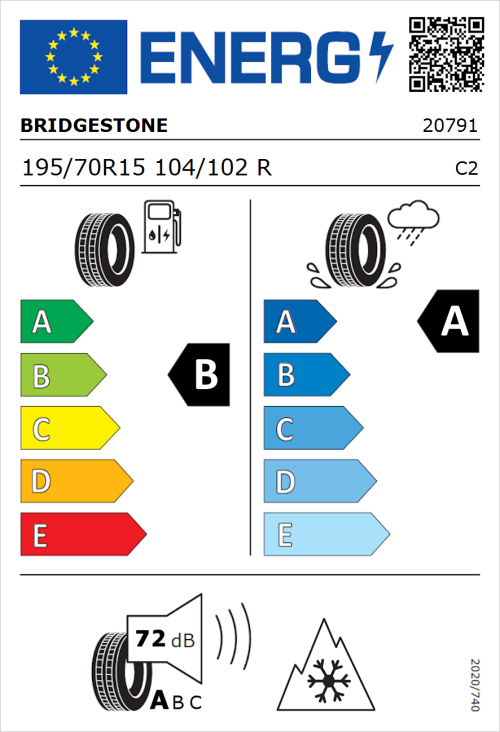 Tyre Label for Bridgestone Duravis All Season Evo Enliten 195/70R15 104/102R