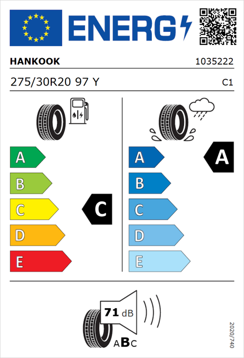 Tyre Label for Hankook Ventus Evo (K137) 275/30R20 97Y
