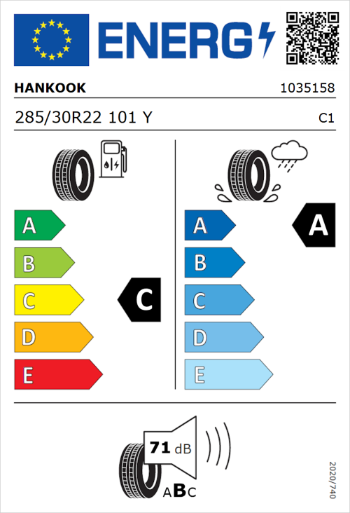 Tyre Label for Hankook Ventus Evo (K137) 285/30R22 101Y