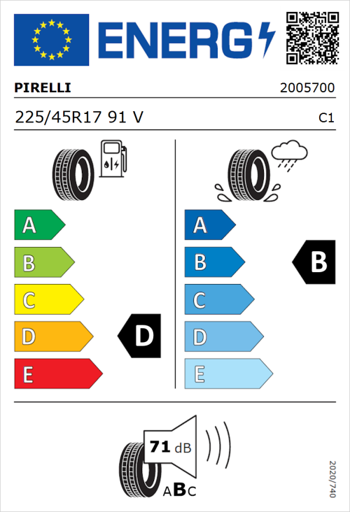Tyre Label for Pirelli Cinturato P7 Run Flat 225/45R17 91V