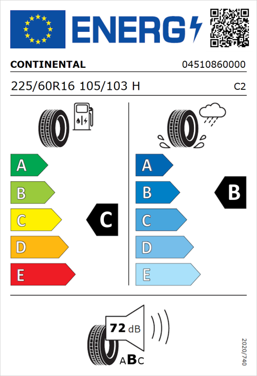 Tyre Label for Continental Vanco Contact 2 225/60R16 105/103H
